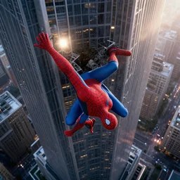 peter parker falling down a skyscraper building, drone view from above, lens flare, deep focus, rain, d & d, intricate, elegant, highly detailed, photo, 9 0 s, artstation, blade runner, 8 k, sharp focus, octane, unreal engine 5, global illumination, radiant
