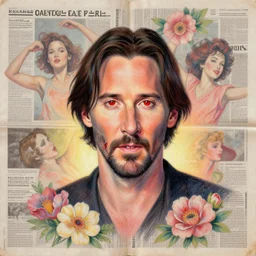 a handmade collage portrait painting with newspapers of a keanu reeves, red eyes, high detailed, flowers, retro style painting, retro pastel colored palette, grain and texture, dancing heads, illustration, oil pastel drawing, symetrical, in the middle, looking to camera, high shoulders, gradient lighting at the back, sharp teeth, red paint stains, extremely elegant drawing, looking straight, lens correction, sharp focus, 8 k