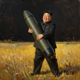 smiling kim jong un hugging a nuclear bomb during golden hour on a grassy field, romantic era oil painting, ultra realistic, high detail, full body!!!, warm colors, dark background, high contrast, wide angle