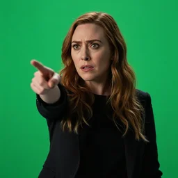 Elizabeth olsen, angry and pointing , green screen background, cinematic shot, acting