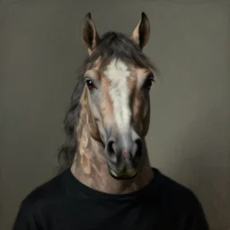 portrait face head eyes man ears Nightmarish Horse Man Warlock the Hank Hill camouflaged as a Pony wearing a black shirt mark ryden greg rutkowski andrew wyeth giorgio de chirico dan witz