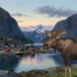 a journey to norway west coast, fjords at dawn, a moose in the periphery. cinematic still. studio ghibli style art.