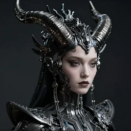 a dark sci fi quarter - length portrait of the queen of sin with sci fi horns made of circuits and a massive ornate headress, cinematic lighting, smooth, high detail, high octane, unreal engine, octane render, by vitaly bulgarov artstation, golden rule, sense of action, fog volumes, vivid color glow, post processing, cgsociety