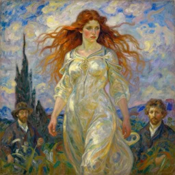 oil portrait of aloy from horizon zero dawn with long hair on a windy day, intense colors, dramatic clouds, by alphonse mucha, wlop, van gogh, loish, nixeau, monet, thomas cole, thomas moran, renoir