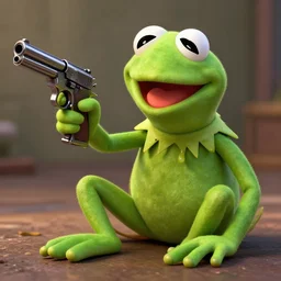 kermit the frog holding a pistol, highly detailed