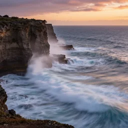long exposure shot of waves crashing against a cliff at sunset