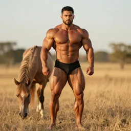 hispanic, brown skin, powerful bulging muscles, horse hair, full body photo, golden hour