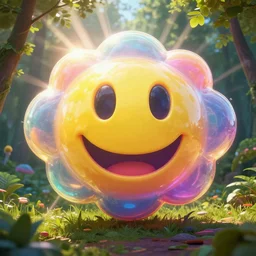 fantastical vibrant bulbous weird!!!!!!!!!!! smiley face emoji shaped cloud ball with holes for eyes and mouth, in a nature scene by marc adamus, high definition, rays of light breaking behind the smiley face, cheerful, rave art, semitransparent