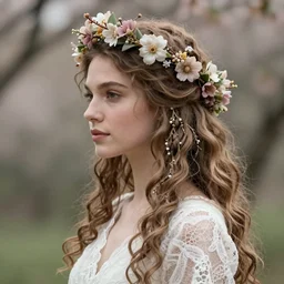 portrait photography of a beautiful woman how pre-Raphaelites beauty type in style of Paolo Roversi, britt marling style 3/4 , long hair are intricate with highly detailed realistic branches with flowers like a crown, a beautiful ethereal lace white dress, 8K, soft focus, soft light, volumetric lighting, highly detailed Realistic, Refined, Highly Detailed, natural outdoor soft pastel lighting colors scheme, outdoor fine art photography
