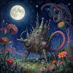 happy full moon! 🌕✨, by anne stokes and kaja foglio, behance contest winner, psychedelic art, dystopian art, apocalypse art, cosmic horror, by esao andrews, steampunk heaven, by michael komarck and john howe, lovecraftian, machine in flowers, detailed painting, i dream of the machine