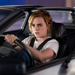 Movie still of Emma Watson in Back to the Future inside the Delorean