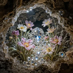 a cave full of flowers and diamond minerals, light reflections on the minerals, by albert bierstadt, trending on artstation, hdr