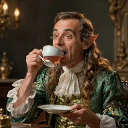 18th century elf princess (Mr. Bean), mouth wide open, is ((drinking a cup of tea)).  fantasyconcept art, inspired by John Everett Millais's Ophelia