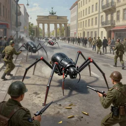 spider robots terrorise streets of weimar berlin and attack freikorps soldiers and civilians, detailed painting, intense heavy street battle, bullet hell, pile of bodies, art by greg rutkowski and jakub rozalski