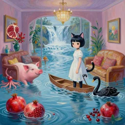 emo catgirl artist in her flooded lounge room, painting of flood waters inside an artist's loungeroom, a river flooding indoors, pomegranates, pigs, ikebana, water, octopus, river, rapids, waterfall, black swans, canoe, berries, acrylic on canvas, surrealist, by magritte and monet