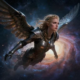 masterpiece concept art, a beautiful highly detailed sci - fi imogen poots paladin fly near galaxies, extremely emotional, cinematic moody colors, realistic shaded lighting poster by ilya kuvshinov, magali villeneuve, artgerm, jeremy lipkin and michael garmash and rob rey
