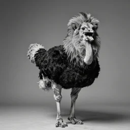 rare classified photo, black & white, studio lighting, a fat standing lion ostrich horns, real fur, real skin