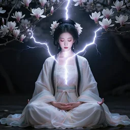 a goddess of magnolia a queen of the garden, meditating! with a beautiful symmetrical face!!! cinematic lightning, isolated, studio lighting by audrey kawasaki