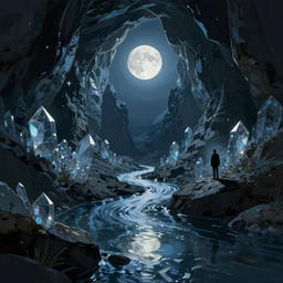 concept art by jama jurabaev and ismail inceoglu, cel shaded, cinematic shot, trending on artstation, high quality, brush stroke, lonely crystal cave under moonlight reflection, and the streams are dotted with stars