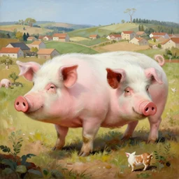 painting of a huge pig walking over a village