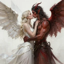 ultra realistic, beautiful angel kissing devil, sci-fi, fantasy, mythical, intricate, elegant, highly detailed, digital painting, octane render, substance painter, zbrush, artstation, concept art, smooth, sharp focus, eerie, illustration, 8k, HD, art by artgerm and greg rutkowski and raphael