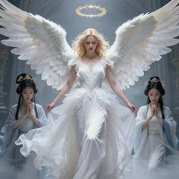 a beautiful angel in white dress, inspired by thomas eakes & greg rutkowski & xiang duan, perfect symmetry, magic realism, 8 k octane beautifully detailed render, post - processing, extremely hyper - detailed, intricate, epic composition, lifelike attributes, cinematic lighting, masterpiece'