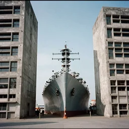 1 9 7 0 s photography, battleship wreck between brutalist buildings