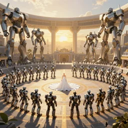 a massive arena filled with robot warriors encircling the Supreme Leader in a white dress, pristine concept art, small, medium and large design elements, golden hour, in the style of WLOP and Ross Tran