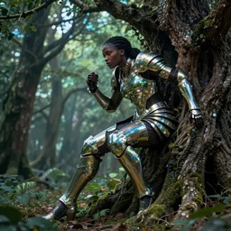 hyperrealistic post - classical cinematic super expressive! black woman with exoskeleton armor, merging with tree in a forest, highly detailed digital art masterpiece, smooth cam de leon eric zener dramatic pearlescent soft green blue light, ground angle hd 8 k, sharp focus