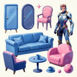 game asset of the sims cyberpunk furniture and decor, in gouache detailed paintings, props, stylized, 2 d sprites, kitbash, arcane, overwatch, blue and pink color scheme, 8 k, close up