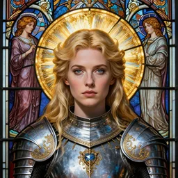 masterpiece head-on symmetrical centered portrait, Elisha Cuthbert as a paladin, blonde hair, prismatic golden halo around her head, ornate iron armour, elegant, distant, stained glass tarot style, in the style of Edgar Maxence and Ross Tran and Zdzisław Beksiński and Michael Whelan and Mucha and Gustave Doré, specular highlights, 8k, octane render