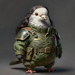 a professional painting of a beautiful chonky pigeon, clothed in military armor, onepiece green onesie, long dark hair, beautiful bone structure, symmetrical facial features, intricate, elegant, digital painting, concept art, smooth, sharp focus, illustration, from Metal Gear, by Ruan Jia and Mandy Jurgens and Artgerm and William-Adolphe Bouguerea