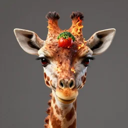 a realistic 3 d render of a giraffe created from vegetables. the eyes are tomatoes, the ears are broccoli, on fire, burning, flaming, detailed, realistic, 4 k photograph