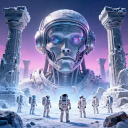 tiny astronauts and giant biomechanical head over stone temple ruins in frozen mountaintops, synthwave, bright neon colors, highly detailed, cinematic, tim white, vladimir kush, philippe druillet, roger dean, bob eggleton, michael whelan, boris vallejo, alfred kelsner, kubrick, jaroslaw jasnikowski