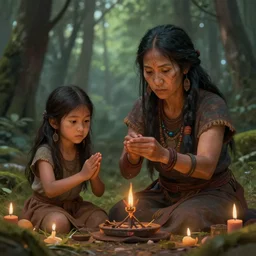 chaman woman and her daughter making a ritual in the forest, digital art, highly detailed faces, leesha hanniga