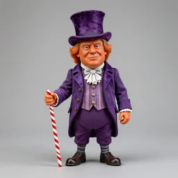 wide angle photo of a maquette sculpture of donald trump as willy wonka, he is wearing a victorian era purple jacket and pants, and a velvet purple top hat over his long orange hair. he is holding a candy cane colored cane. his skin is an orange color like an oompa loompa. in the style of sideshow collectibles, highly detailed sculpture