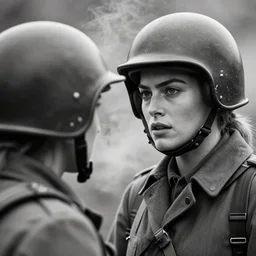margot robbie fighting in world war 2, black and white, helmet, smoke, realistic face, highly detailed