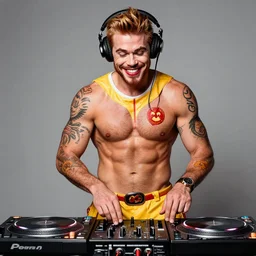 Ronald McDonald, shirtless and muscular with tattoos Ronald McDonald wearing headphones DJing with DJ turntables
