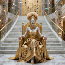 a breathtakingly gorgeous albino Senegalese queen seated on her golden throne in the royal hall in the year 8794, afrofuturism, a massive grand staircase of marble behind her, on the crystal walls are ancient and revered hieroglyphics