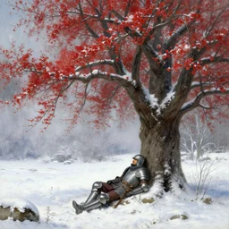 winter, a male warrior wearing armor relaxing under a tall and big tree with red flowers, ground covered with snow, extreme long shot, fantasy, painting by gaston bussiere, craig mullins, j. c. leyendecker, trending on artstation