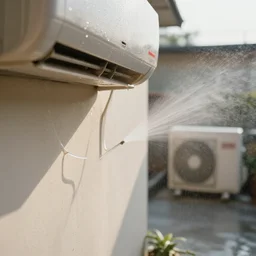 close - up seen a profile wall with a moist air conditioner in the room and an air conditioner on the terrace with water spray faded on the wall connected by transparent cables, depth of field, sunny, ultra realistic, very detailed, 8 k hyper realistic detailed cinematic still by nadav kander