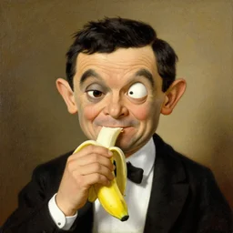 A portrait of cross eyed Mister Bean eating a banana, painted by Rembrandt.