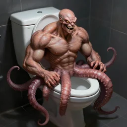 muscular toilet  bowl  with  tentacles and teeth,  digital artstation painting 8k intricate dramatic light