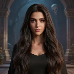 portait of haifa wehbe, long hair centred, hd, very detailed curve, unreal engine, final fantasy style, loup garou background, rending artstation