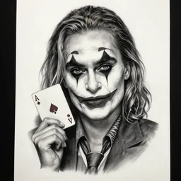 tattoo design sketch of beautiful margot robbie with joker makeup, holding an ace card, in the style of den yakovlev, realistic face, black and white, realism tattoo, hyper realistic, highly detailed
