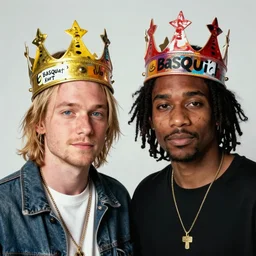 kurt cobain and basquiat wearing a painted basquiat crown photorealistic