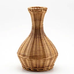 wicker decanter, high detail macro photography, isolated on a pure white background, centered, entire object in frame, sharp focus, soft studio lighting