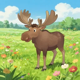 a field of flowers with a happy moose in the style of an anime