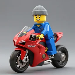 a lego minifigure wearing a blue jean and blue shirt, he also wears a grey beanie, he is riding a red ducati panigale, 3 d octane render, artstation, concept art, smooth, sharp focus ilustration hq, octane render, hyperrealistic, aenaluck, artgerm, greg rutkowski