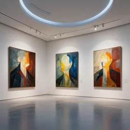 interior futuristic art gallery wide angle highly detailed by santiago calatrava, three wall hanging paintings famous pieces by afrimov!, captivating 8 k hdr, octane render godrays hyperrealism